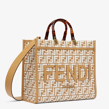 Fendi Sunshine Medium Shopper in rafia con motivo FF in tessuto tapestry bianco