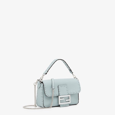 Baguette Mini Borsa in Selleria colore azzurro con 309 impunture fatte a mano